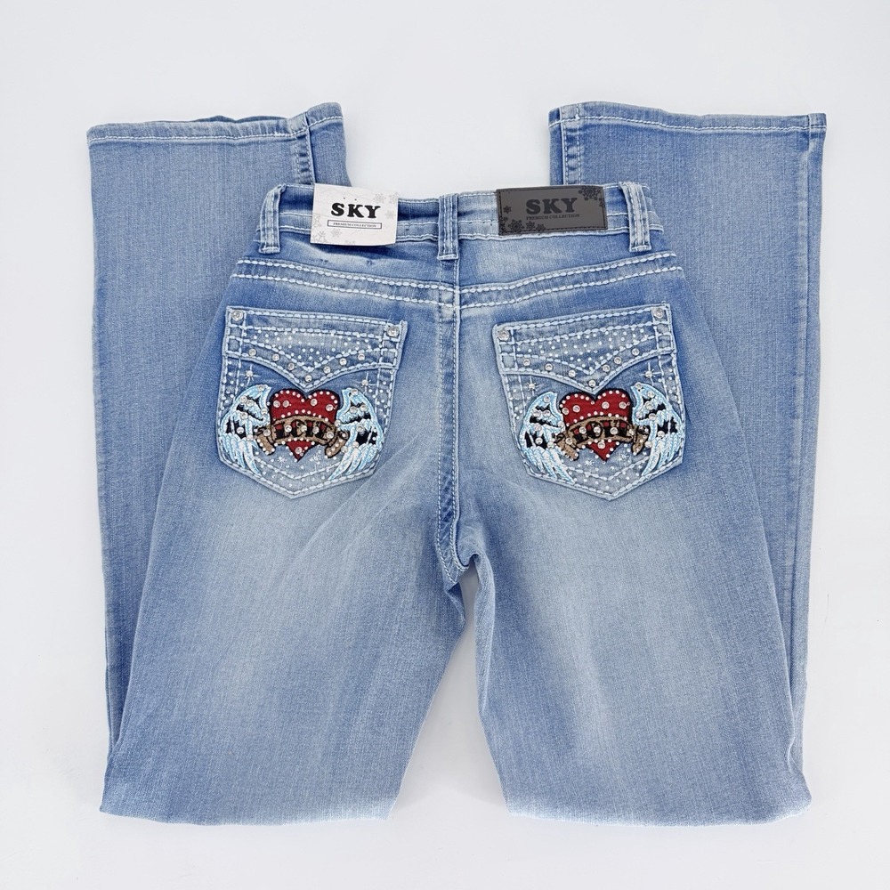 SKY Premium Collection Heart Love Wings Bling Rhinestone Bootcut Jeans 5/6